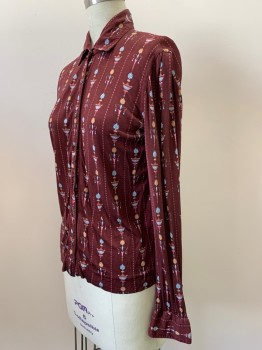 Womens, Blouse, CELINE, Red Burgundy, Khaki Brown, Baby Blue, Rose Pink, Silk, Stripes, Print, B32, Collar Attached, B.F., L/S