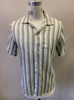 Mens, Casual Shirt, NO NATIONALITY, White, Lt Olive Grn, Tencel, Linen, Stripes - Vertical , S, Short Sleeves, Button Front, 5 Buttons, Small Side Vents