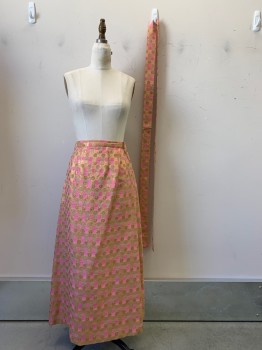 No LABEL, Pink, Copper Metallic, Tan Brown, Polyester, Squares, Circles, Long Skirt, F.F, Side Zipper, Belt Loops, with Matching Sash