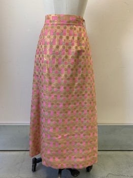 No LABEL, Pink, Copper Metallic, Tan Brown, Polyester, Squares, Circles, Long Skirt, F.F, Side Zipper, Belt Loops, with Matching Sash