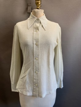 Lady Manhattan, Off White, Rayon, Lurex, Solid, Button Front, L/S, C.A., Sparkles