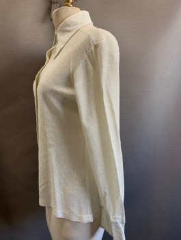Lady Manhattan, Off White, Rayon, Lurex, Solid, Button Front, L/S, C.A., Sparkles