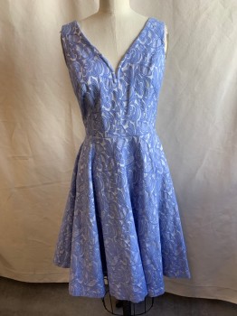 Womens, Dress, Sleeveless, MAEVE, Periwinkle Blue, Silver, Cotton, Polyester, Floral, Jacquard, 4, Rounded V-neck, Sleeveless, Zip Back, Circle Skirt