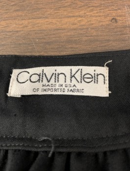 CALVIN KLEIN, Black, Wool, Solid, 2" Wide Self Waistband, Gathered Waist, Hem Below Knee, 2 Button Closures at Side Waist, Early 1990's