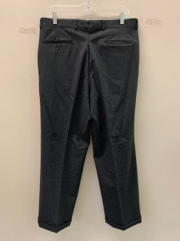 RALPH LAUREN, Charcoal Gray, Off White, Wool, Stripes - Pin, Pleated Front, Side Pockets, Zip Front, Belt Loops, Cuffed