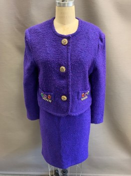 Womens, 1990s Vintage, Suit, Jacket, NL, Purple, Blue, Wool, 2 Color Weave, B: 36, Single Breasted, B.F., Gold Buttons, 2 Pckts, Green, Purple, & Red Gem Stones On Pockets, Silver Tear Drop Trim