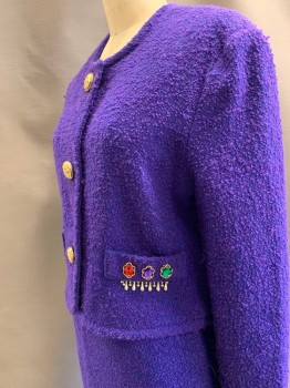 Womens, 1990s Vintage, Suit, Jacket, NL, Purple, Blue, Wool, 2 Color Weave, B: 36, Single Breasted, B.F., Gold Buttons, 2 Pckts, Green, Purple, & Red Gem Stones On Pockets, Silver Tear Drop Trim