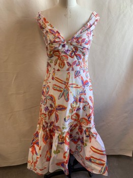 Womens, Dress, Sleeveless, PETER PILOTTOC, White, Red, Yellow, Green, Blue, Cotton, Floral, W 30, B 36, Decolltage, Notted Bust with Shell Ring Detail, Back Zipper, Boning on Sides of Bodice, Full Panelled Skirt with Big Hem Ruffle, Fully Lined