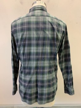 Mens, Casual Shirt, John Varvatos, Dk Green, Navy Blue, Gray, Cotton, Plaid, XL, L/S, Button Front, Collar Attached, Chest Pocket