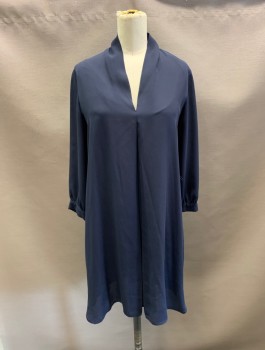 Womens, Dress, Long & 3/4 Sleeve, AQUA, Navy Blue, Polyester, Solid, XS, V neck CF,with Cuff, Shirttail Bottom,