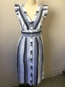 Womens, Dress, Sleeveless, POINT SUR, White, Heather Gray, Dk Blue, Linen, Heathered, Stripes - Vertical , W 28, B 36, White, Heather Gray, Heather Dark Blue Vertical Stripes, V-neck, Turtle Shell Button Front, Sleeveless with Self Ruffle, Chevron Waist Band, Gathered 3/4 Skirt
