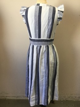 Womens, Dress, Sleeveless, POINT SUR, White, Heather Gray, Dk Blue, Linen, Heathered, Stripes - Vertical , W 28, B 36, White, Heather Gray, Heather Dark Blue Vertical Stripes, V-neck, Turtle Shell Button Front, Sleeveless with Self Ruffle, Chevron Waist Band, Gathered 3/4 Skirt