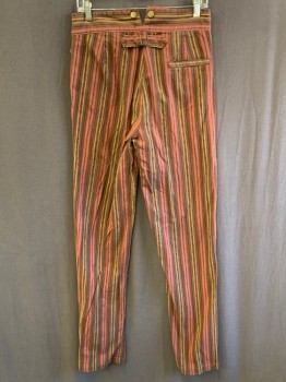 Mens, Historical Fiction Pants, NL, Red, Brown, Blue, Orange, Tan Brown, Cotton, Stripes, 34, 30, Button Front, Metal Suspender Buttons, 3 Front Pockets, Back Half Belt, 1 Pocket