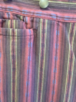 NL, Red, Brown, Blue, Orange, Tan Brown, Cotton, Stripes, Button Front, Metal Suspender Buttons, 3 Front Pockets, Back Half Belt, 1 Pocket