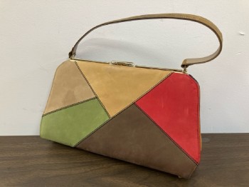 Womens, Purse, JOHANSEN, Tan/Green/Red/Brown Suede Patchwork with Black Top Stitching, Solid Black Back, Brown Suede Handle Gold Clasp