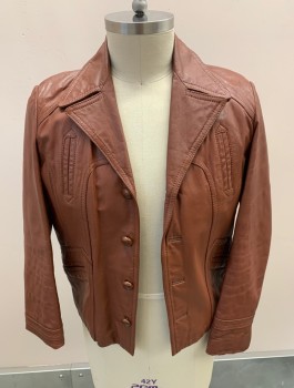 Mens, Leather Jacket, LEATHERS BY JEFFREY, Chestnut Brown, Leather, Solid, 42L, L/S, 4 Bttns, 2 Welt Pockets, 2 Faux Welt Pockets, Self Knot Buttons, Western Top Stitch **Stains On Back