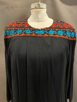 LIZ CLAIBORNE, Black, Rayon, Solid, Geometric, Round Neck, Blue & Red Embroidery & Beading On  Yoke, Pleated Front, L/S, Zip Front, Hem Below Knee