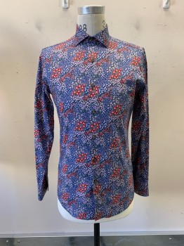 BAR III, Blue, Red, Multi-color, Cotton, Floral, C.A., Button Front, L/S, Red, Light Pink, Lavender Flowers