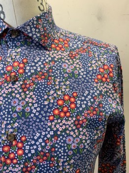 BAR III, Blue, Red, Multi-color, Cotton, Floral, C.A., Button Front, L/S, Red, Light Pink, Lavender Flowers