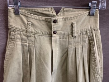 Womens, Pants, PARACHUTE, Khaki Brown, Cotton, Solid, W28, Pleated, Side Pockets, Zip Front, Belt Loops, Stain Left Knee, Light Marks On Back Of Both Legs