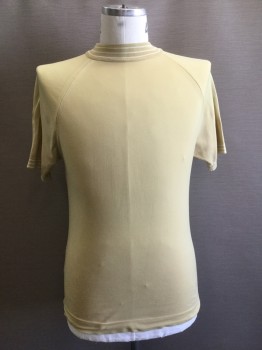 CHABLEI, Sand, Polyester, Solid, Poly Knit Short Sleeves, Sweater with White Stripes at Mock Turtle Neck & Cuff Trim