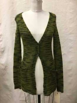 Fp Beach, Olive Green, Black, Wool, Heathered, Mohair, Long Sleeves, 2 Pockets, Button Front,