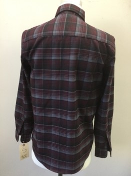 SWISS TECH, Red Burgundy, Gray, Black, Polyester, Spandex, Plaid, Button Front, Long Sleeves, Collar Attached, 1 Flap Pocket,