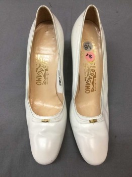 Womens, Shoes, Feragamo, White, Leather, Solid, 9.5, White Leather Pump