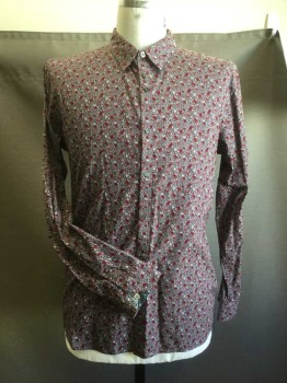 PAUL SMITH, Wine Red, Purple, Lilac Purple, Poly/Cotton, Floral, Long Sleeves, Collar Attached, Button Front,