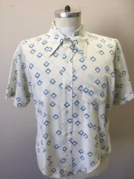 MOHAWK, Cream, Blue, Lt Blue, Poly/Cotton, Squares, Short Sleeves, Collar Attached, Button Front, 1 Pocket,