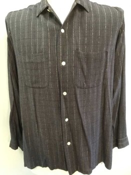 Mens, Casual Shirt, ANDREW, Charcoal Gray, Silver, Black, Cotton, Lurex, Stripes - Pin, Grid , L, Charcoal with Black and Silver Metallic Lurex Crossed Pinstripes in Grid Pattern, Long Sleeve Button Front, Collar Attached, 2 Pockets,