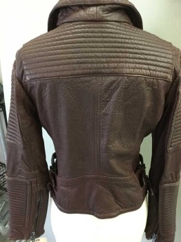 Wilson, Brown, Leather, Solid, Zip Front, Zip Pockets, Collar Attached,  Motorcycle Jacket, Quilted Detail