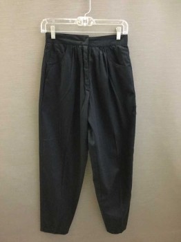 Womens, Pants, Disorderly Conduct, Black, Cotton, Solid, 26, Clasp/Zip Fly, Back Patch Pockets, Gathered At Front Waistband, Tapered Leg