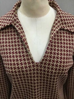 Womens, Blouse, N/L, Maroon Red, Tan Brown, Polyester, Geometric, Geometric Repeating Pattern, Long Sleeves, Pullover, Wide Collar, V-neck,