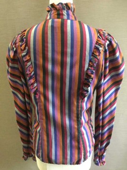 MARILYN WILLIAMS, Black, Fuchsia Pink, Lt Gray, Blue, Orchid Purple, Polyester, Cotton, Stripes - Vertical , Stripes - Diagonal , Stand Collar with Ruffle, B.F., L/S, Ruffle Around Yoke, Ruffle At Sleeve Cuff,