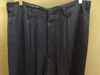 Mens, Slacks, N/L, Navy Blue, Rayon, Wool, Solid, 30, 34, Zip Front, Double Pleats, No Waistband, Belt Loops, Cuffs, 4 Pockets, Crotch Gussets, These Pants Have Been Pressed a Lot