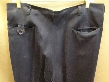 Mens, Slacks, N/L, Navy Blue, Rayon, Wool, Solid, 30, 34, Zip Front, Double Pleats, No Waistband, Belt Loops, Cuffs, 4 Pockets, Crotch Gussets, These Pants Have Been Pressed a Lot
