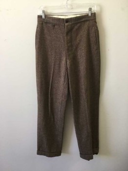 Mens, 1930s Vintage, Suit, Pants, M, Brown, Black, Orange, Red, Cream, Wool, Viscose, Tweed, 30, 28, Flat Front, Cuffed. 5 + Pockets. Repaired Hole at Crotch. Button Fly