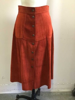 Womens, Skirt, N/L, Burnt Orange, Suede, Solid, W 27, A-line, Snap Front, Gored, Scallopped Horizontal Seam