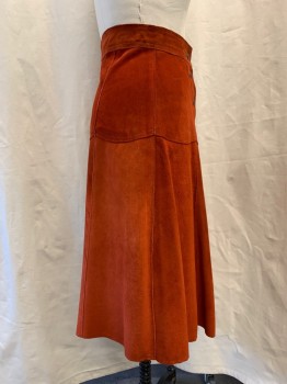 Womens, Skirt, N/L, Burnt Orange, Suede, Solid, W 27, A-line, Snap Front, Gored, Scallopped Horizontal Seam
