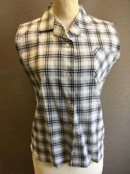 DAN RIVER, Black, White, Lt Gray, Cotton, Plaid, Sleeveless, Button Front, Collar Attached, 1 Pocket