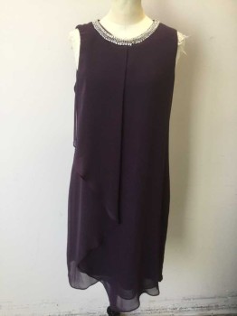 SCARLETT, Dk Purple, Silver, Polyester, Metallic/Metal, Solid, Chiffon, Sleeveless, Shift Dress, Silver Chain Detail with Silver Gemstones at Scoop Neck, Asymmetric Overlayer with Diagonal Hem, Hem Above Knee,  Invisible Zipper at Center Back