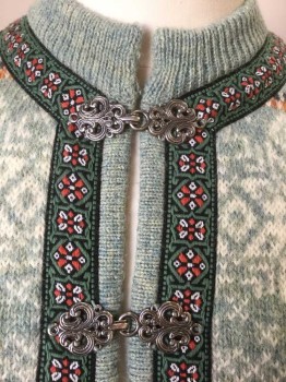 SQUAW VALLEY, Mint Green, Off White, Orange, Green, Wool, Metallic/Metal, Novelty Pattern, Mint/Off White Knit with Orange and Dark Olive Dotted Lines, Orange/White/green/Black Ribbon Trim, Ornate Metal Clasp Front, Ribbed Knit Collar/Cuff/Waistband, Alpine