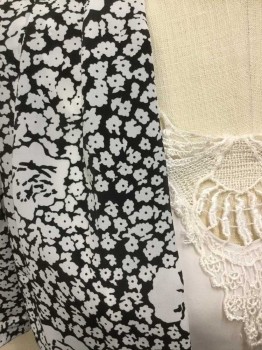 N/L, Black, White, Polyester, Floral, Floral Pattern, with Solid White Under Panel with White Lace Trim at Front, Short Sleeve,  Puffy, Padded Shoulders, Peplum Waist,