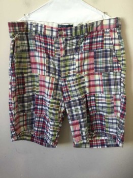 Mens, Shorts, POLO RALPH LAUREN, Red, White, Navy Blue, Green, Olive Green, Cotton, Plaid, W 36, Zip Fly, 4 Pockets, Belt Loops,