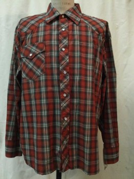 Mens, Western, RACHWEAR OF CA, Rust Orange, Brown, Green, Black, White, Cotton, Plaid, 34/35, 17.5, Rust, Brown/ Green/ Black/ White Plaid, Snap Front, Collar Attached, Long Sleeves, 2 Flap Pockets
