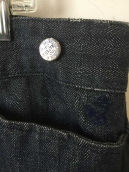 WAH MAKER, Denim Blue, Indigo Blue, Cotton, Herringbone, Stripes - Vertical , Indigo Herringbone Denim, Button Fly, Metal Suspender Buttons with "WAH MAKER" Logo at Outside Waistband, 4 Pockets (Including 1 Watch Pocket and 1 Welt Pocket in Back), Reproduction "Old West" Wear