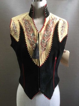 Womens, Vest, PATRICIA WOLF, Black, Tan Brown, Red, Brown, Royal Blue, Suede, Rhinestones, Color Blocking, Novelty Pattern, S, Zip Front, V-neck, Stand Collar, Western, Yoke with Painted Feather Design and Rhinestones, Pinked Trim, Piping, Horse Hair Tassel  Zipper Pull
