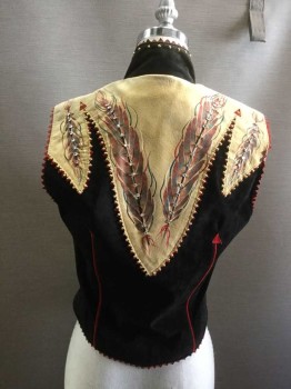 PATRICIA WOLF, Black, Tan Brown, Red, Brown, Royal Blue, Suede, Rhinestones, Color Blocking, Novelty Pattern, Zip Front, V-neck, Stand Collar, Western, Yoke with Painted Feather Design and Rhinestones, Pinked Trim, Piping, Horse Hair Tassel  Zipper Pull