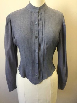 N/L, Dusty Blue, Lt Blue, Polyester, Cotton, Birds Eye Weave, Dark and Light Blue Birdseye Weave (Appears Dusty Blue), Long Sleeve Button Front, Puffy Sleeves Gathered at Shoulders, Stand Collar, Vertical Pleats on Either Side of Button Placket, Pleated Vent Detail at Center Back Hem,